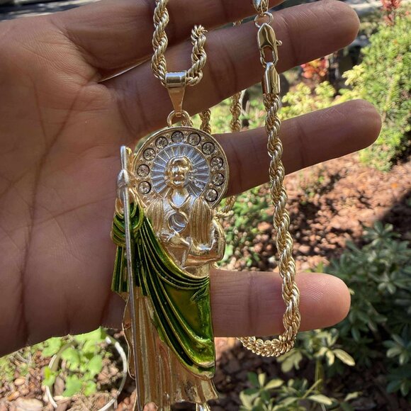 San Judas Tadeo 3" Big Pendant Necklace 14K GP Religious CZ Rope Torch Chain - Picture 3 of 4